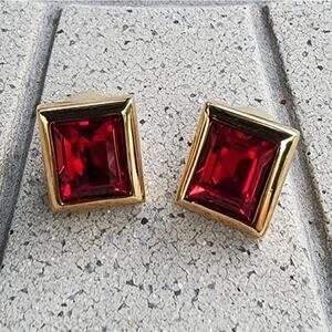 Vintage Signed SAL Swarovski Red Crystal Gold Plated Rectangle Earrings